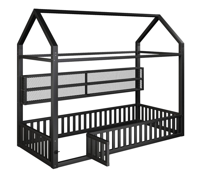 Lit Cabane 90x200 Cm, Forme De Maison Avec Toit, Barrière De Sécurité, LED, Métal, Noir