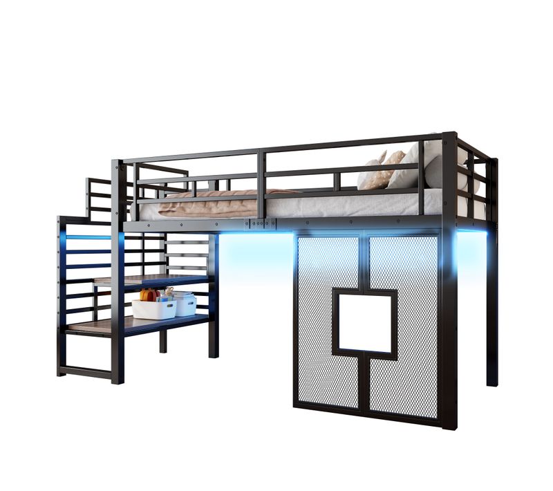 Lit Mezzanine 90x200 Cm, Escalier De Rangement, Barrières De Sécurité, Métal, Mdf, Noir+brun