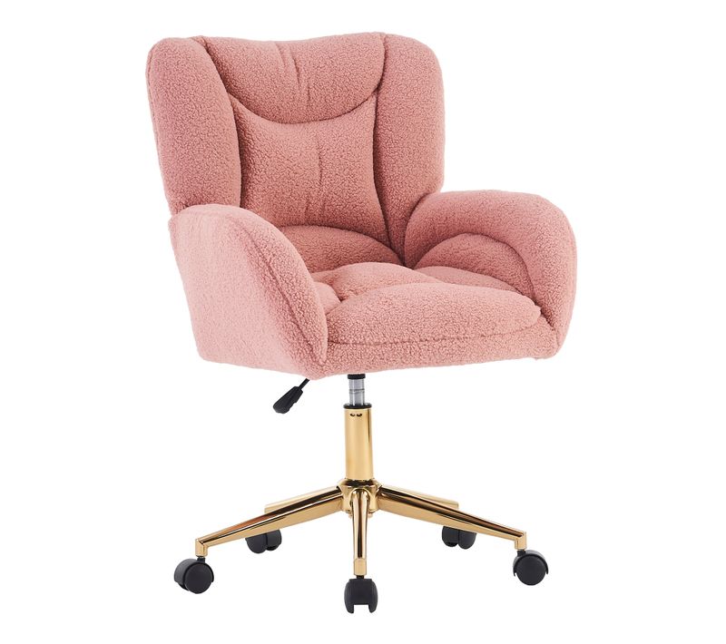 Fauteuil De Bureau 64x62x88-97 Cm, Hauteur Réglable, Base Métal Doré, Roues, Tissu Teddy, Rose
