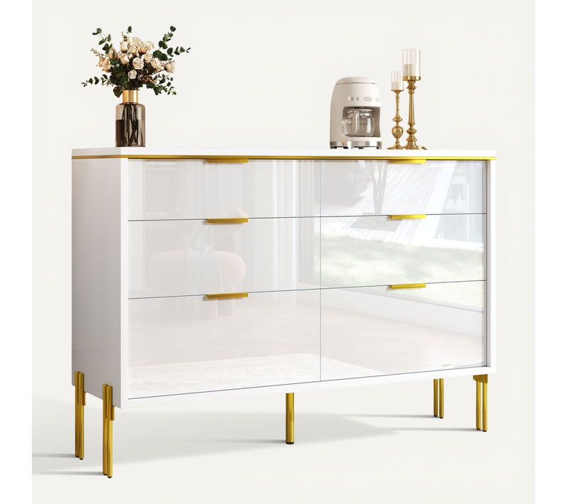 Commode Moderne 120x40x85,5 Cm, 6 Tiroirs Avec Poignées Dorées, Panneaux De Particules, Blanc