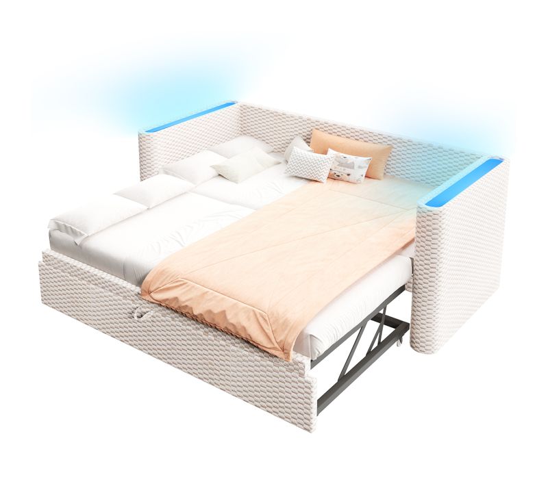 Lit Gigogne 90x200 Cm, Convertible En 180x200 Cm, 2 En 1, Bande LED, Velours, Mdf, Beige