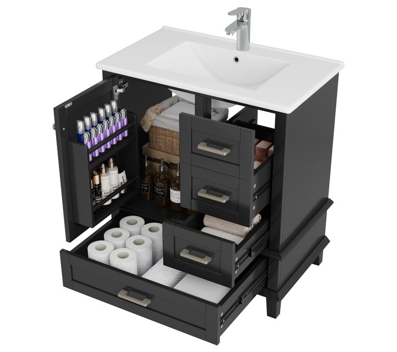 Meuble Vasque 76x46x83.5 Cm, 3 Tiroirs + 1 Porte, Vasque Céramique Intégrée, Mdf, Noir+blanc