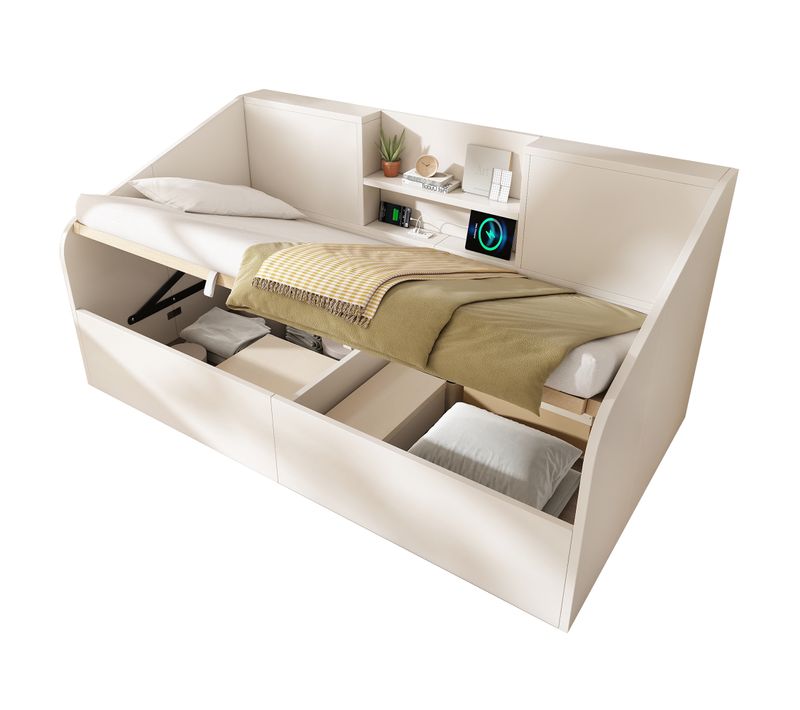 Lit Coffre 90x190 Cm, Rangement Caché, 2 Niches, USB Type C, Bois Et Mdf, Couleur Blanc