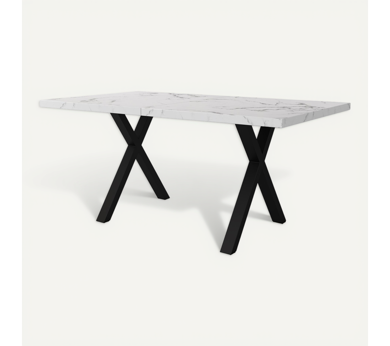 Table à Manger 140x80x76 Cm, Plateau Avec Motif De Marbre, Structure Métal, Mdf, Blanc+noir
