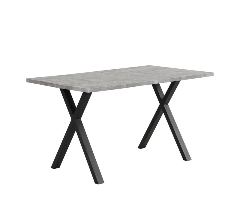 Table à Manger 140x80x76 Cm, Pieds Croisés, Plateau Mdf Finition Béton, Métal, Noir+gris
