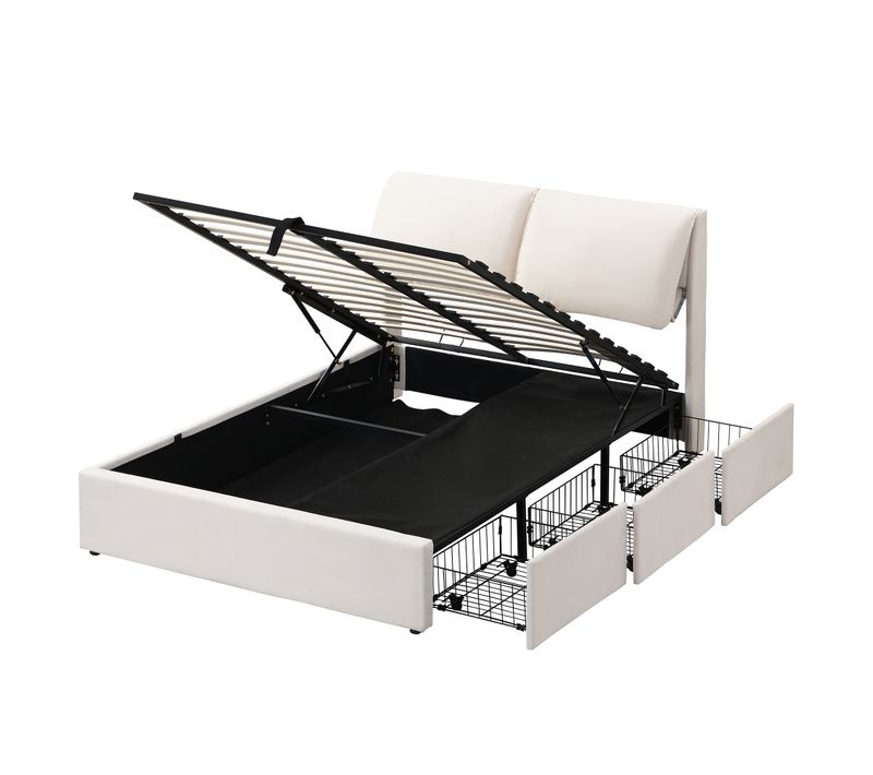 Lit Coffre 140x190 Cm, Lit Double, Rangement Caché, 3 Tiroirs, Velours, Métal, Bois, Beige