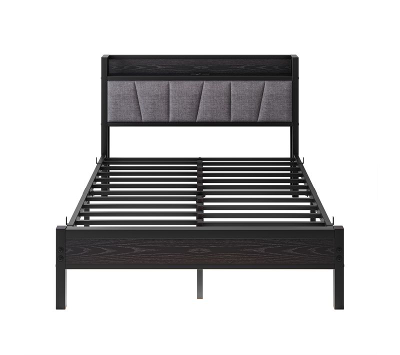 Lit Adulte140x190 Cm, Tête Haute Avec LED Et Station De Charge, Métal Et Mdf, Couleur Noir