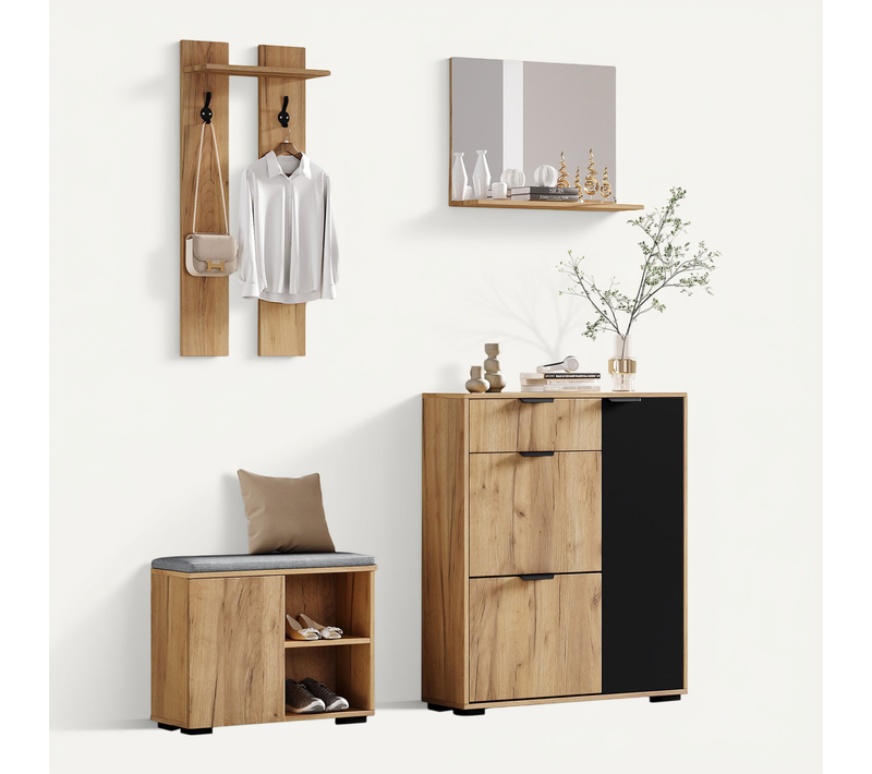 Meuble D'entrée, Banc Chaussures Avec Miroir, Panneau De Particules, Couleur Bois+noir