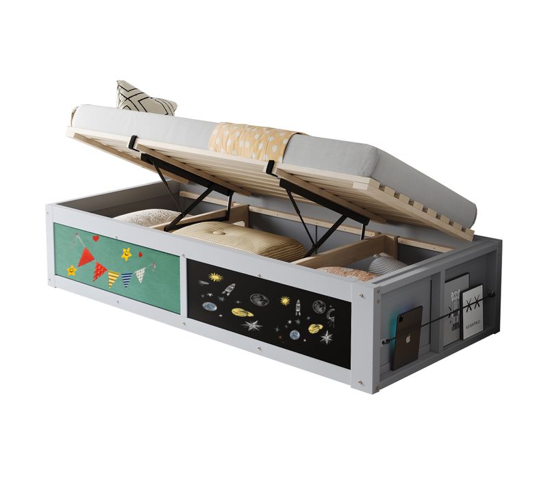 Lit Coffre 90x200 Cm, Rangements Cachés, Étagère Latérale Modulable, Bois, Mdf, Gris
