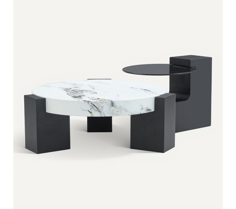 Lot De 2 Tables Basse Ronde 61x30 Et 44x44 Cm, Motif Marbre Mdf, Pied L, Verre Et Mdf, Blanc Et Noir