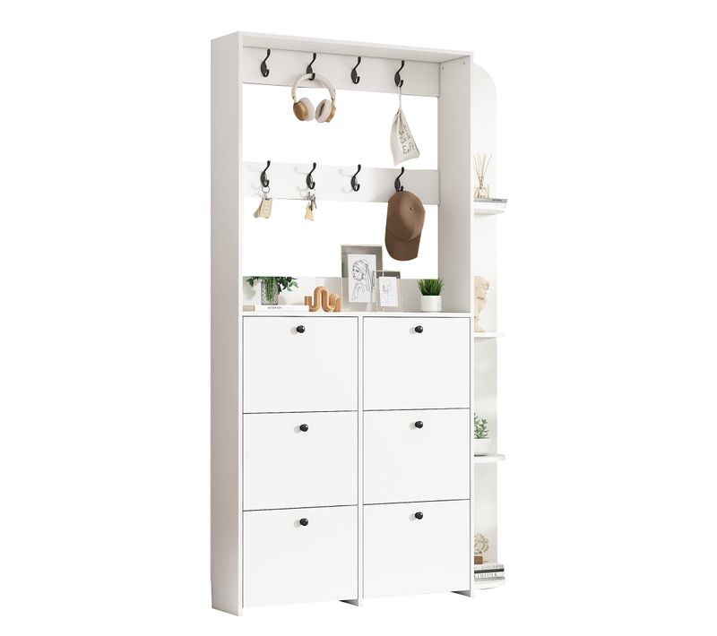 Meuble D'entrée 120x24x200 Cm, Portemanteau 8 Crochets Et 6 Abattants à Chaussures, Pb, Blanc