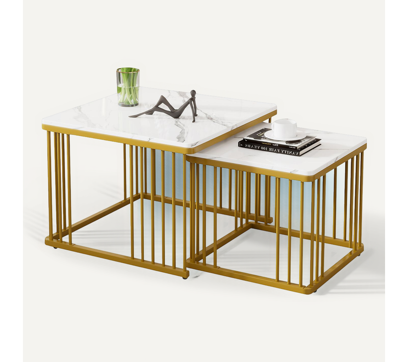Lot De 2 Tables Basses Gigognes 60x60x45+45x45x40cm, Plateau Effet Marbre Brillant, Mdf, Blanc+doré