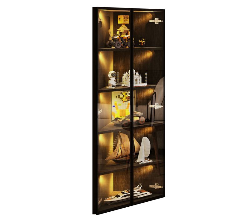 Vitrine D'angle 62x35x160 Cm, LED Intégrée, 2 Portes, Mdf Verre Cadre Aluminium, Noir
