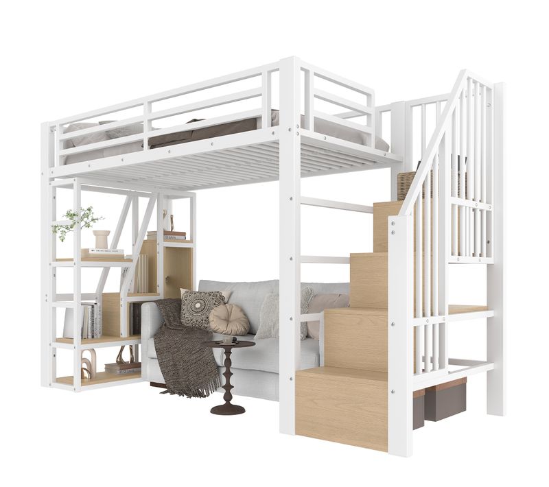 Lit Mezzanine 90x200cm, Escalier Avec Rangement, Étagères, LED Multicolore, Métal Et Mdf, Blanc+bois