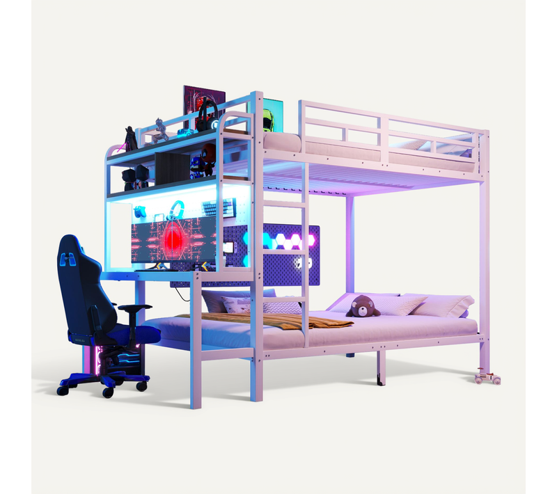 Lit Superposé 140x200 Cm, Bureau, Éclairage LED, Ports USB, Rangements, Métal Et Mdf, Blanc+bois