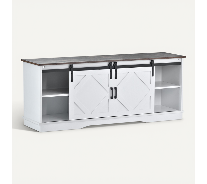 Meuble TV 150x40x60cm, 2 Portes Coulissantes, Étagères Réglables, 2 Niches, Pb, Blanc+brun