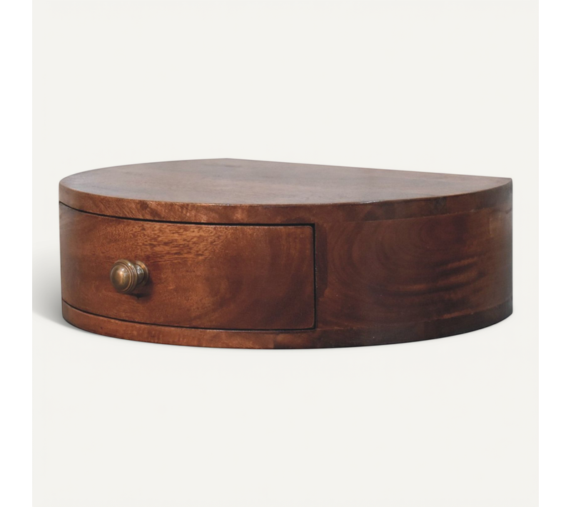 Table De Chevet Murale Arrondie, 40x31x11 Cm, 1 Tiroir De Rangement, Bois Massif, Couleur Brun
