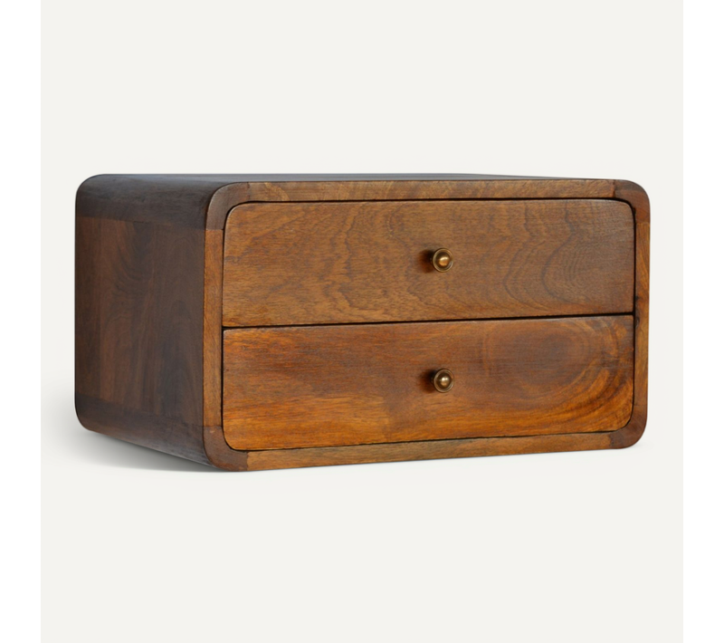 Table De Chevet Suspendue, 2 Tiroirs, Design Courbé, Bois Massif De Manguier, Coloris Brun