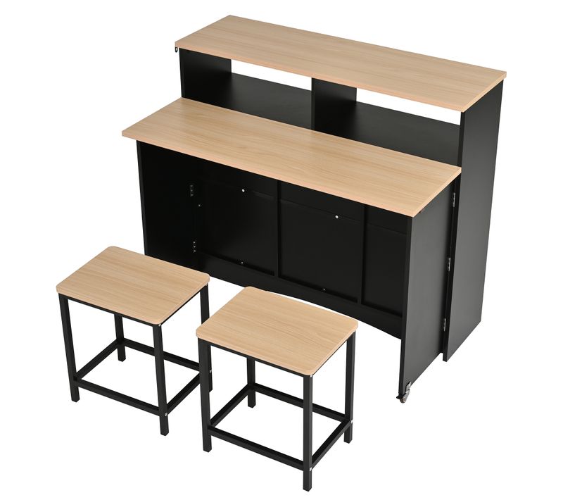 Îlot De Cuisine Sur Roulettes 110x34-68x97.5cm, 2 Tabourets, Plateau Pliable, Mdf, Pb, Noir+bois