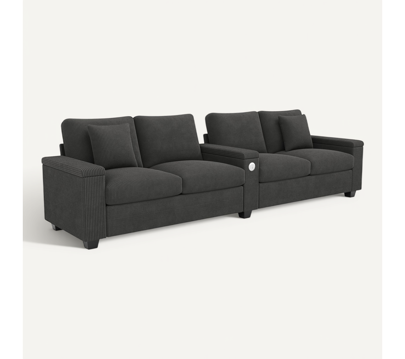 Canapé 4 Places 299x80x82,7 Cm, Accoudoir Central, Ports USB Et Rangement, Velours Côtelé Gris