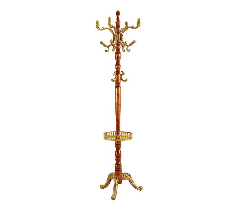 Portemanteau Sur Pied 50x50x195 Cm, Multi Crochets Et Design Sculpté, Bois Et Métal, Couleur Bois