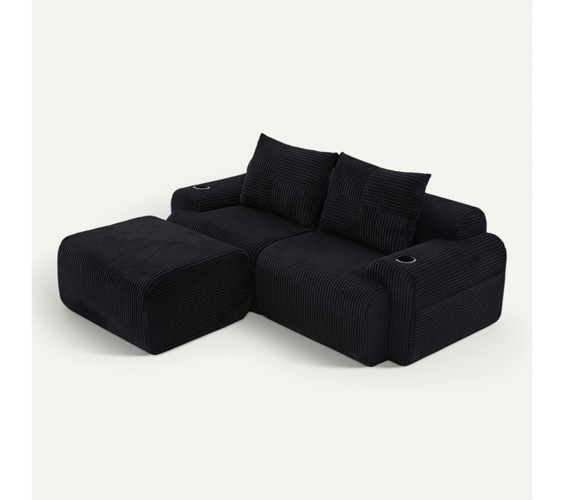 Canapé Modulable 2 Places 200x174x80 Cm, Porte Gobelet Et Poche Latérale, Velours Côtelé Noir