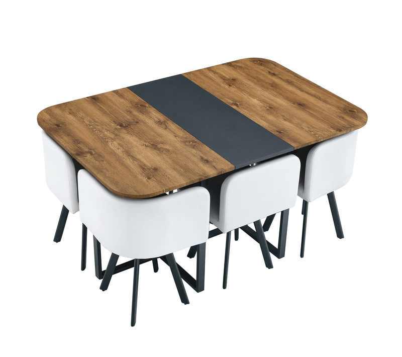 Ensemble Table Extensible 4 à 6 Personnes, 6 Chaises Rangeables, Mdf Et Métal, Bois Naturel Et Noir