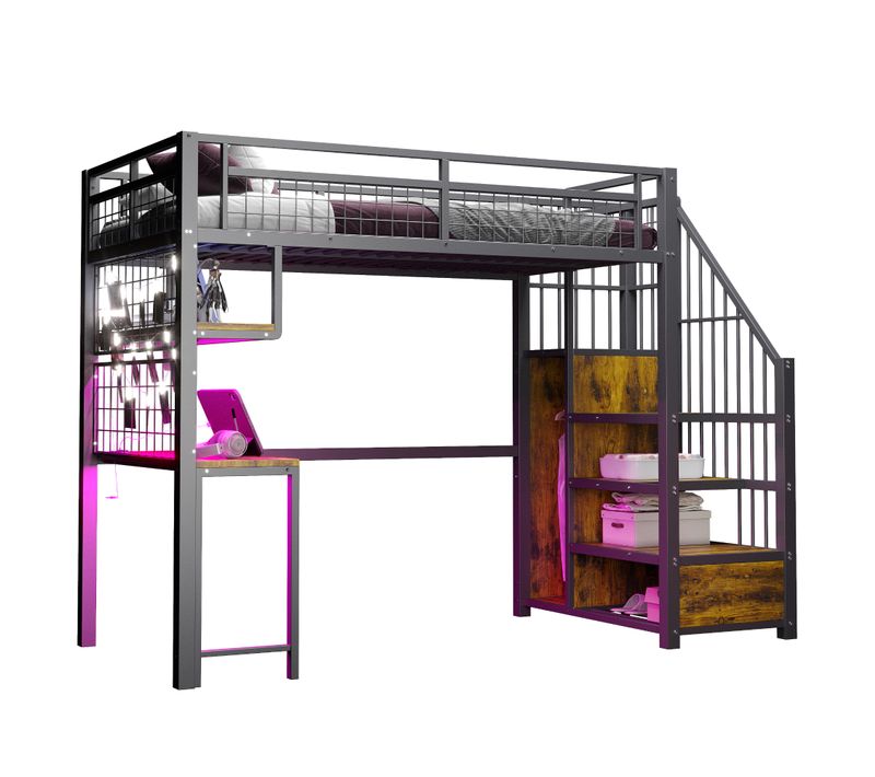Lit Mezzanine 90x200 Cm, Bureau, LED Et Prises, Escalier De Rangement, Métal, Noir+brun