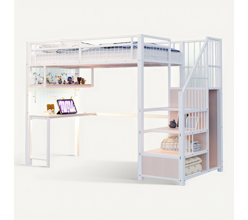 Lit Mezzanine 90x200 Cm, Bureau Avec LED Et Prises, Escalier De Rangement, Métal, Blanc+bois