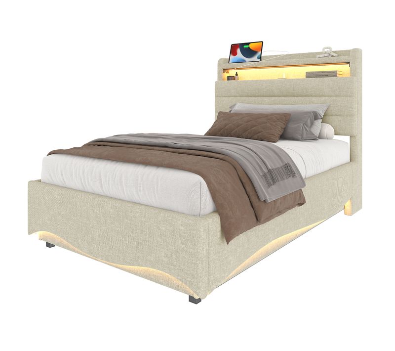 Lit Coffre 90x200 Cm, LED Pilotable Et Ports USB Et Type-c, Rangement Caché, Lin, Métal, Beige