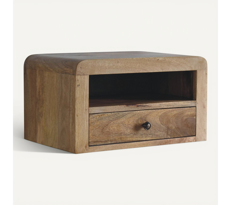 Table De Chevet Murale 45x30x25cm, 1 Tiroir Et 1 Niche, Bois Massif, Marron Chêne Clair