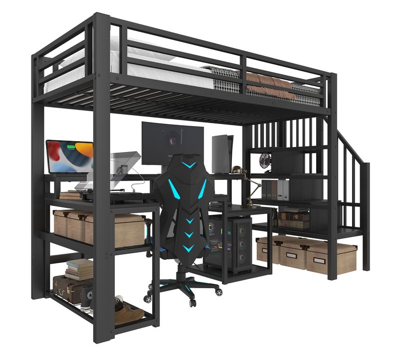 Lit Mezzanine 90x200 Cm, Bureau, LED Pilotable, Escalier De Rangement, Métal, Mdf, Noir