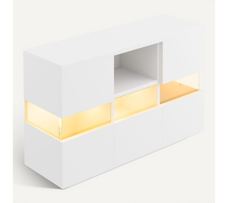 Buffet Bas 140x35x75 Cm, LED, 2 Portes, 2 Tiroirs, 1 Niche, Verre, Bois, Couleur Blanc