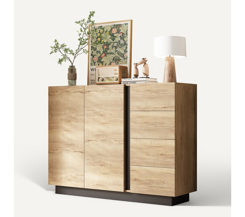 Buffet Bas 120x35.5x90.5 Cm, 4 Tiroirs, 2 Portes, Sans Poignée, Pb, Couleur Bois+noir