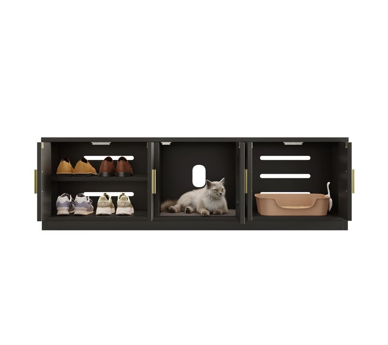 Buffet Avec Litiere Chat 140x40x45,5 Cm, 4 En 1 Rangement, Panneau De Particules, Noir