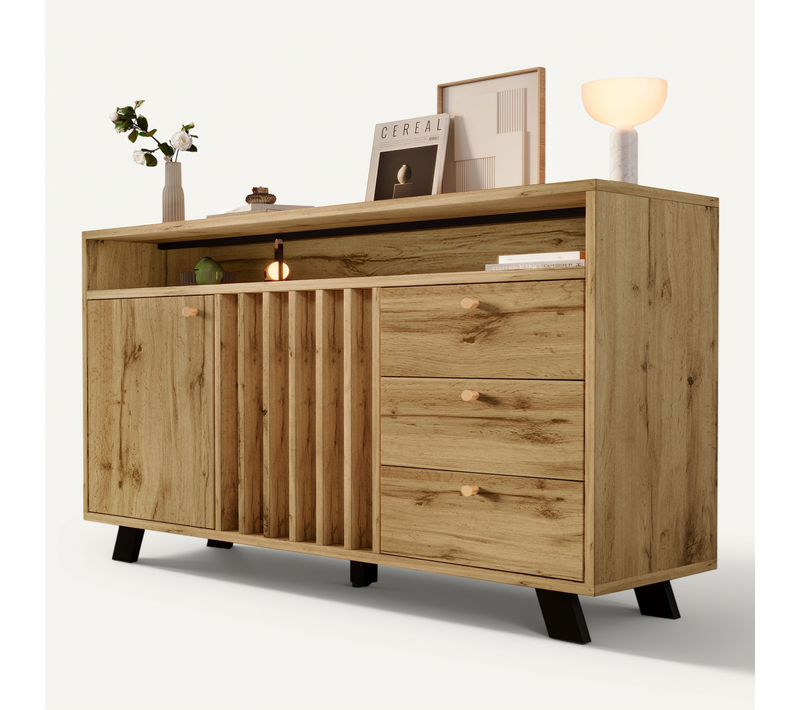Buffet Bas 120x40x85 Cm, 2 Portes, 3 Tiroirs, Rangement Ouvert, Bois, Couleur Bois+noir