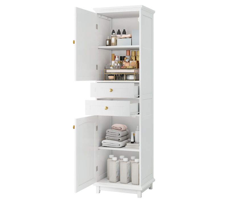 Armoire De Toilette 45.11x36.1x160 Cm, 2 Portes En Verre, 2 Tiroirs, Mdf, Blanc Avec Poignées Dorées