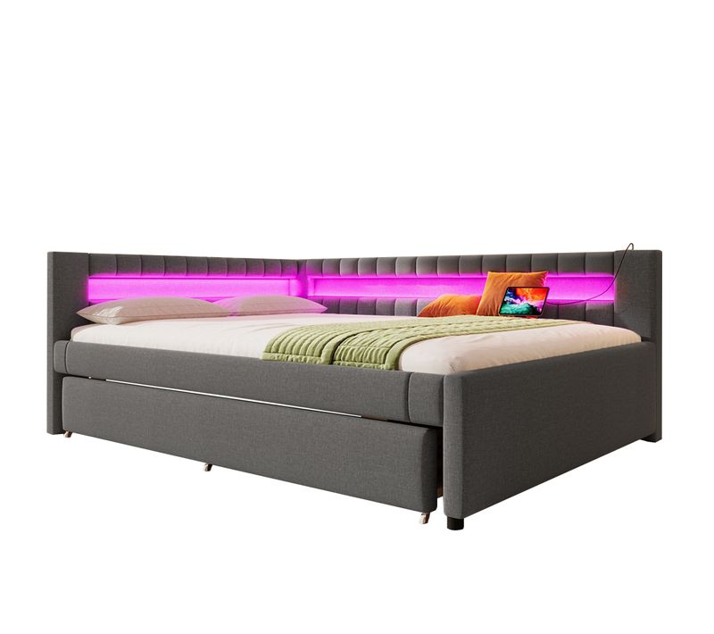 Lit Gigogne Extensible 140x200+90x190 Cm, Bande LED, USB, Type C, Lin, Mdf, Couleur Gris