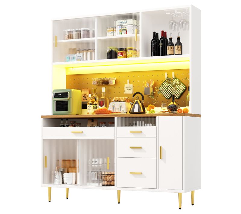 Buffet De Cuisine 145x39x171 Cm, Rangement Avec LED, Mdf, Verre, Métal, Couleur Blanc+bois
