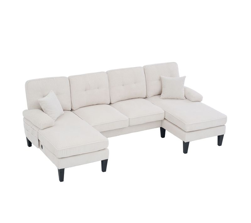 Canapé En U 250x130 Cm, 4 Places Avec Deux Chaises Longues, Design Moderne, Velours Côtelé, Beige