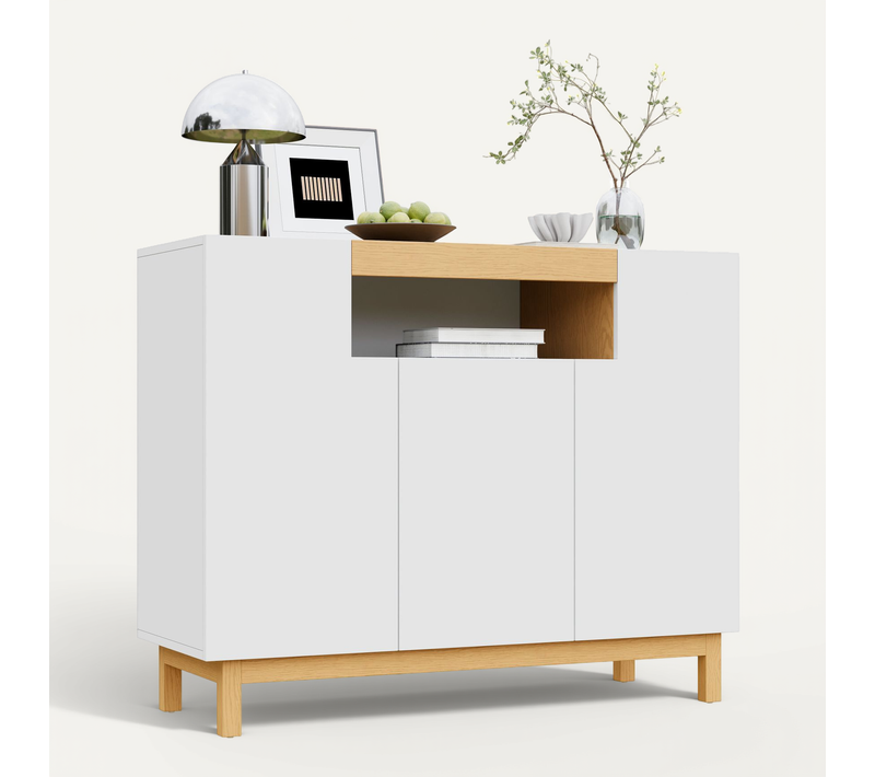 Buffet Bas 120,5x42x96 Cm, 3 Portes, 1 Niche Centrale, Panneau De Particules, Blanc Et Bois Naturel