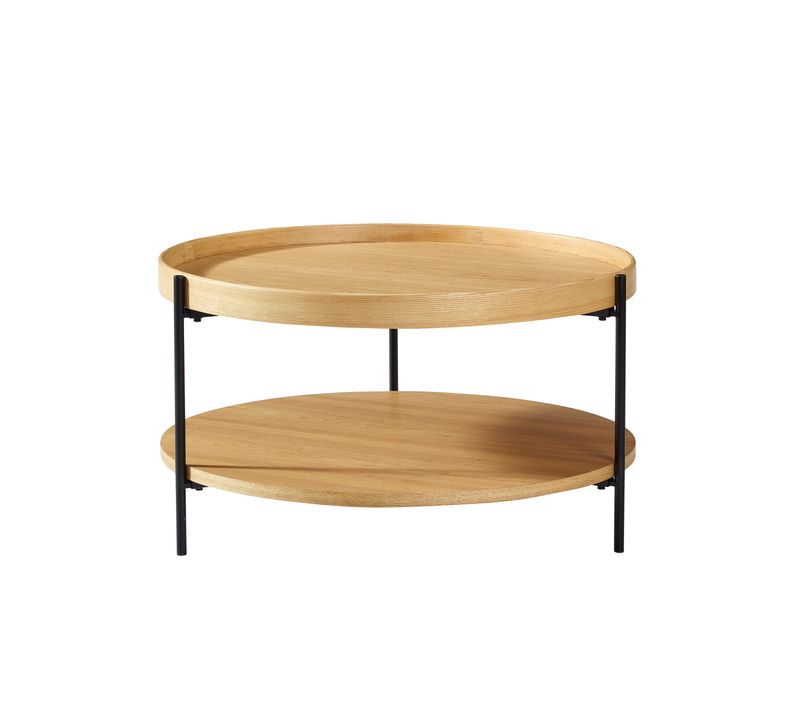 Table Basse Ronde 69x69x38 Cm, Double Plateau, Bois Mdf Et Fer, Couleur Naturel