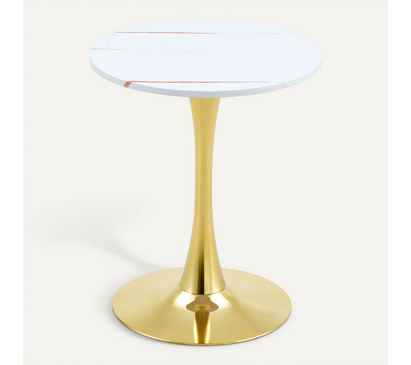 Table D'appoint Ronde 60x60x72 Cm, Plateau Thermoformé 2 Cm, Pied Métal Doré, Mdf, Blanc Et Doré