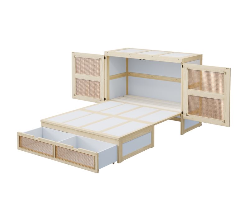 Lit Double 140x200 Cm, 2 Tiroirs, 2 Portes En Rotin, Bois, Couleur Bois Naturel