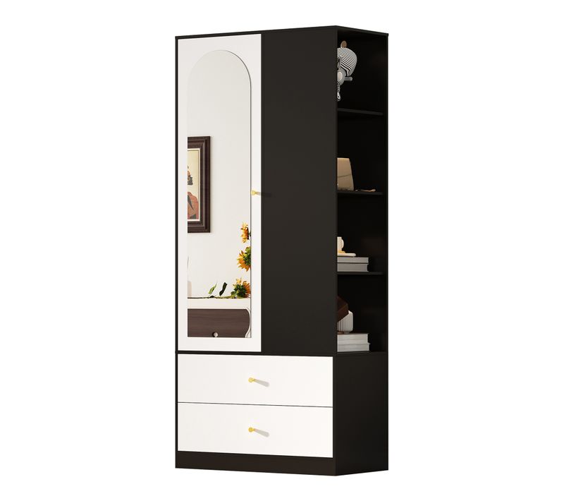 Armoire 80x40x180 Cm, Porte Miroir, 2 Tiroirs Et 4 Étagères, Panneaux De Particules, Noir+blanc