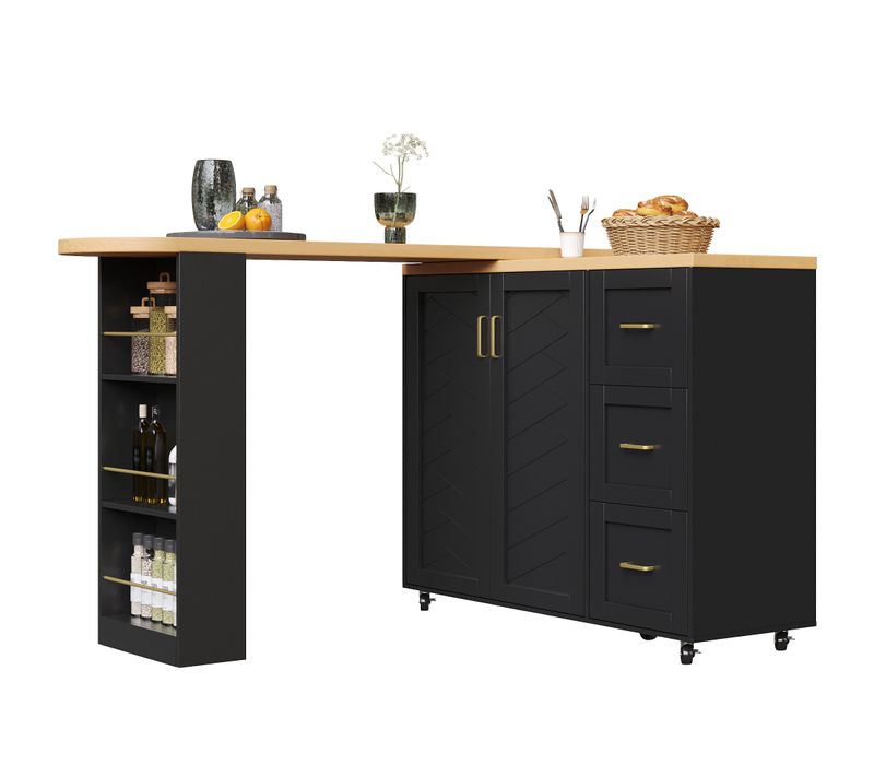 Table De Bar Extensible 135-228x39x106.5 Cm, Roulettes, Mdf Et Métal, Noire, Plateau Effet Bois