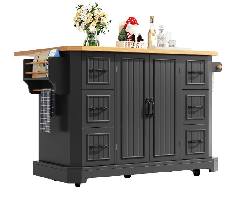 Îlot De Cuisine Sur Roulettes 120x45x91 Cm, 6 Tiroirs Et 2 Portes, Mdf Métal, Noir