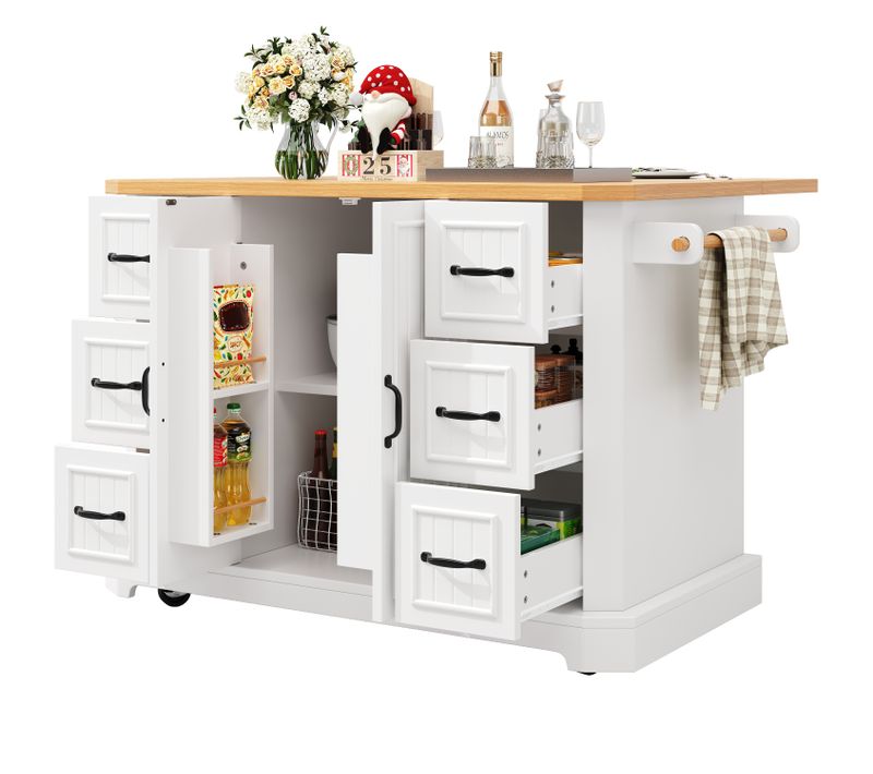 Îlot De Cuisine 142x45-75.5x91 Cm, Sur Roulettes, 2 Portes, 6 Tiroirs, Mdf, Métal, Blanc+bois