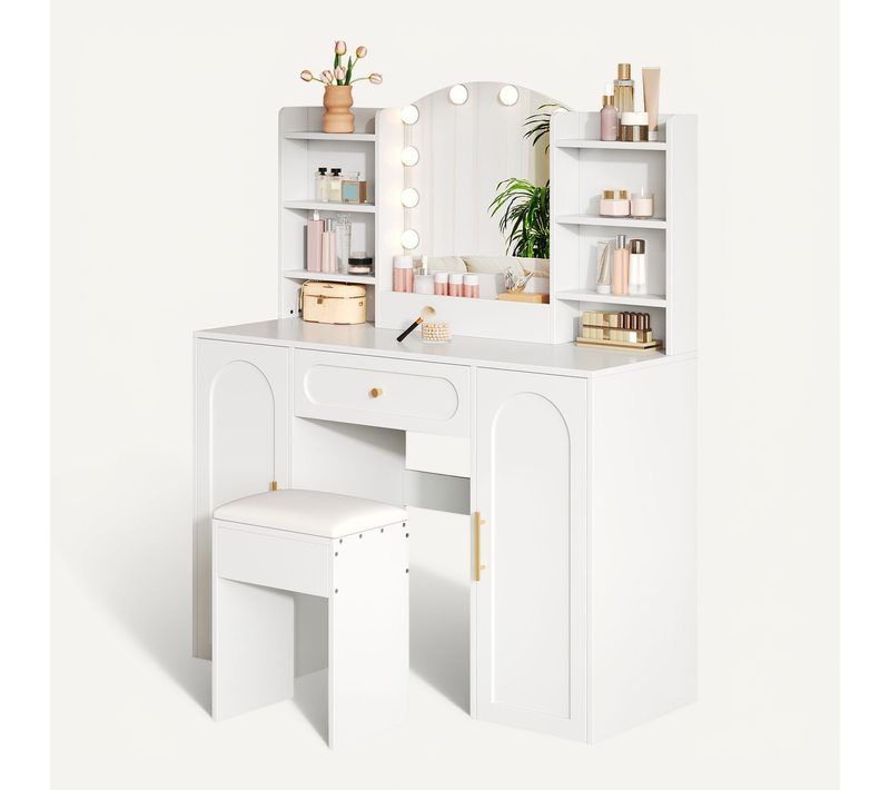 Coiffeuse 110x40x132 Cm, Miroir LED 3 Ambiances Dimmable, Tabouret, 1 Tiroir, Mdf, Pb, Blanc