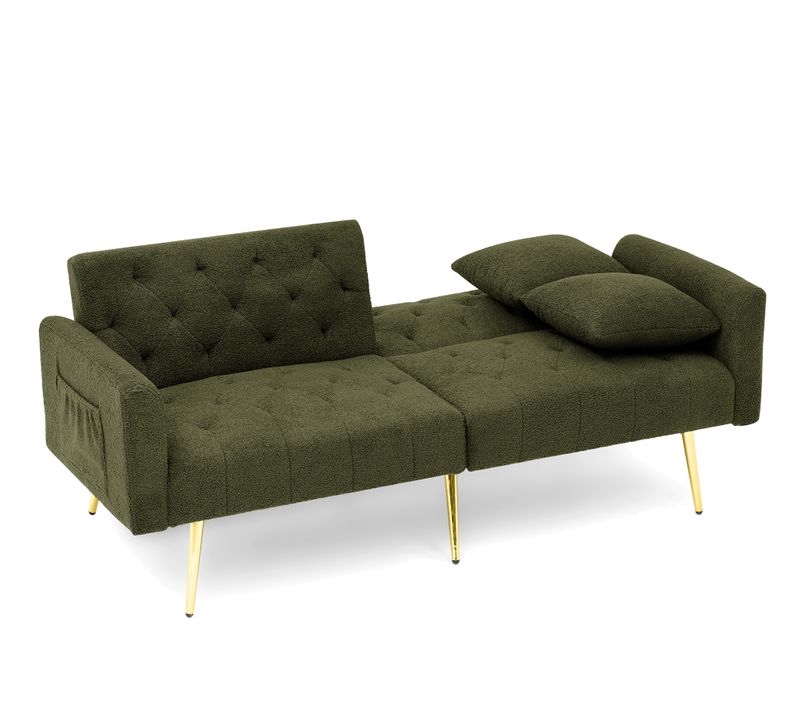 Canapé Convertible 2 Places 177x78x74cm, Dossier 3 Positions Réglable, Tissu Teddy, Vert+doré